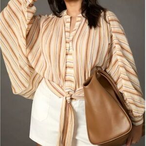 Anthropologie Peach and Cream Boho Gauzy Tie Front Top